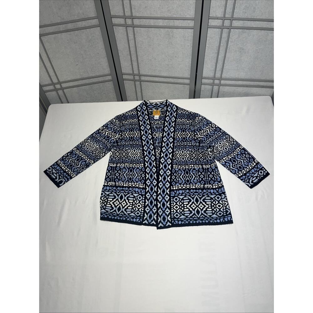 Women’s RUBY Rd. Open Cardigan - Size Large Navy & Cream Geometric Print